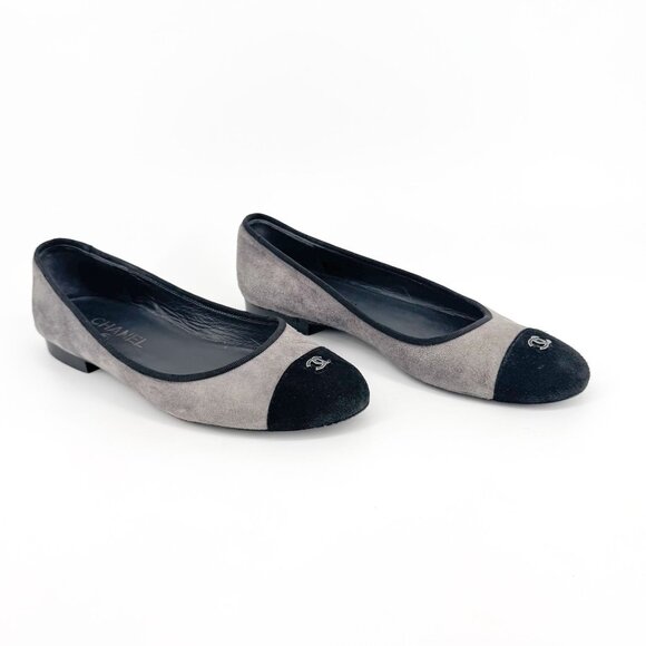 Chanel CC Gray Suede Black Cap Toe Ballet Flats Shoes Size 39 US 8-8.5 Logo - Picture 1 of 15